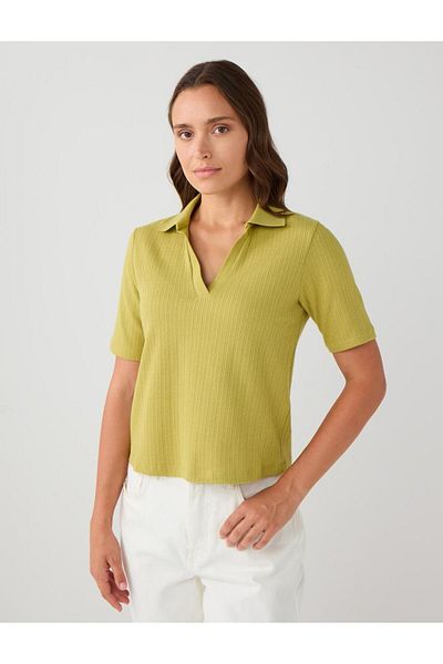 Jimmy Key Green 100% Cotton Short Sleeve Shirt Collar Knitted Blouse
