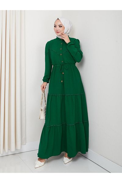 Hb Harma Time Butik Women's Lace Detailed Waist Lace-Up Green Ayrobin Dress