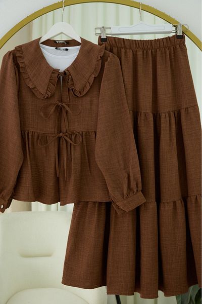 Modamorfo Lace-Up Suit with Layered Skirt - Brown