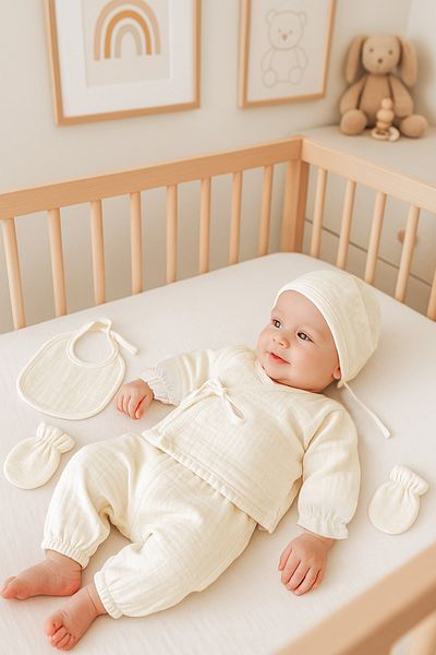Sitilin Muslin 5-Piece Kimono Lace-Up 100% Cotton Hospital Release Newborn Baby Gift Set 7069