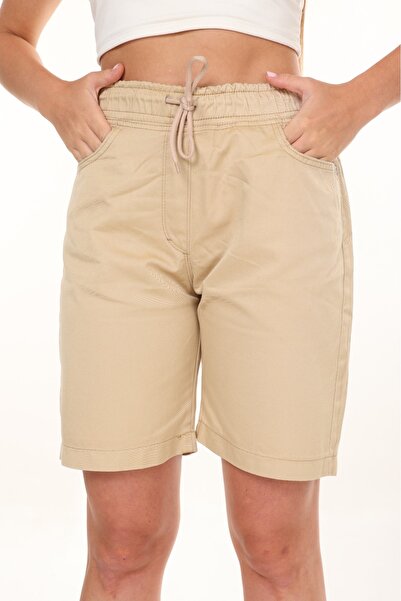 EYLÜLXXL KADIN YÜKSEK BEL BELİ LASTİKLİ ŞORT GABARDİN KUMAŞ LİKRASIZ