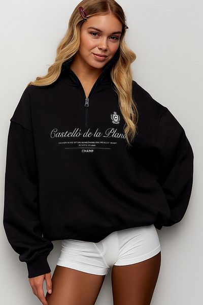 The Champ Clothing Hanorac oversize pentru femei, negru, Castelló de la Plana, cu fermoar scris, cu jumătate de gât roșu – City and