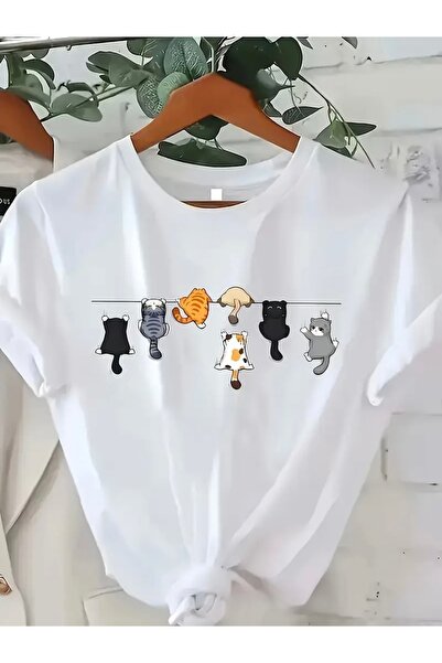 FUFLUNS تي شيرت برقبة دائرية كبيرة الحجم مطبوع عليه قطة ممتعة