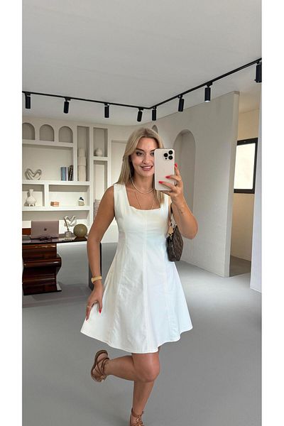 Sezgi Tekin Square Neck Ecru Denim Bell Dress