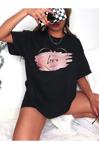 FUFLUNS تي شيرت برقبة دائرية كبيرة الحجم مطبوع عليه LOVE HEART