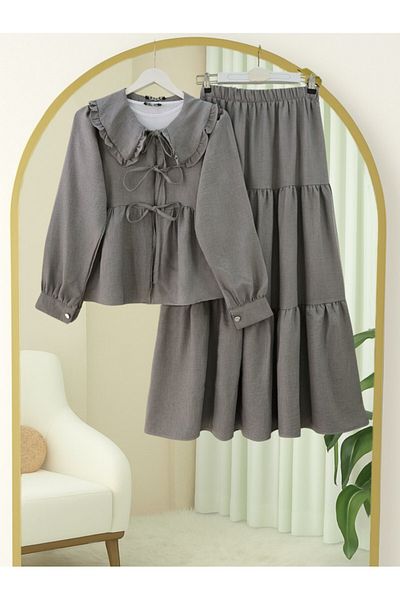 Modamorfo Lace-Up Suit with Layered Skirt - Gray