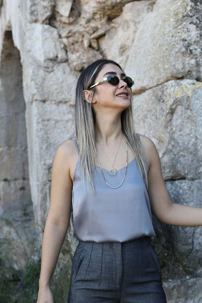 bytugcekaya Gray Satin Blouse with Rope Strap