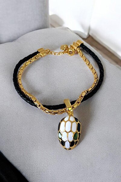 TAKIŞTIR Black Color Snake Figured Metal Leather Bracelet