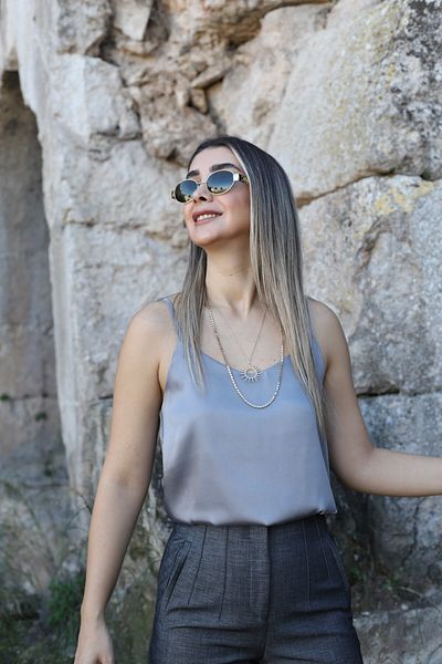 bytugcekaya Gray Satin Blouse with Rope Strap