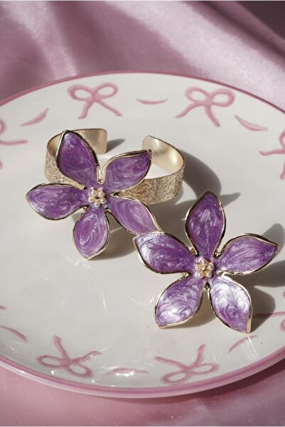 AŞIK ACCESSORIES مجموعة سوار وخاتم على شكل زهرة أرجوانية