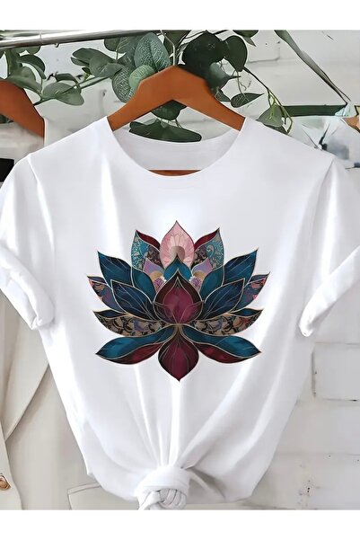 FUFLUNS تي شيرت برقبة دائرية كبيرة الحجم مطبوع عليه زهرة اللوتس