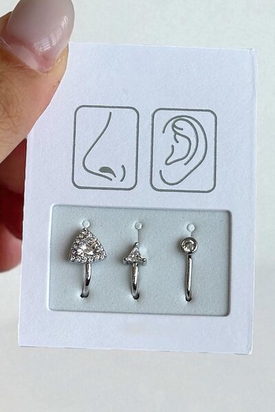 TAKIŞTIR Gümüş Taş Detaylı Figürlü Deliksiz Kulak/ Burun 3'lü Piercing Set