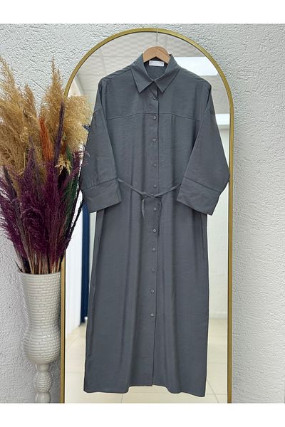 MİHRA STORE Nuboria Women's Hijab Summer Shirt Dress/Robe Modal Insert Cuff-Tn030 Anthracite