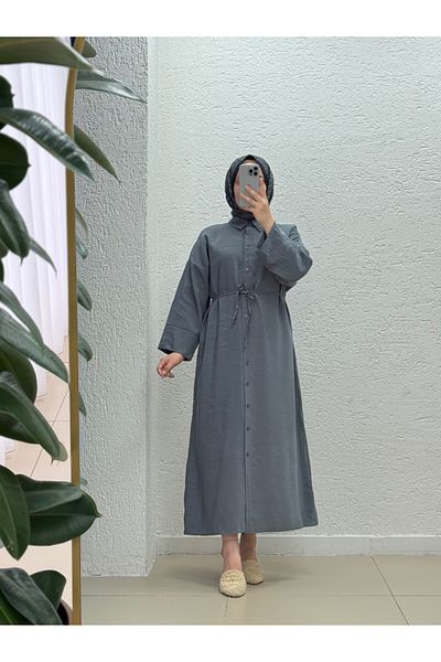 MİHRA STORE Nuboria Women's Hijab Summer Shirt Dress/Robe Modal Insert Cuff-Tn030 Anthracite