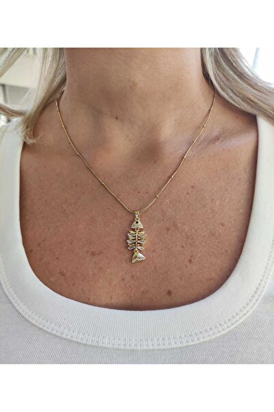 MoS JEWELLERY Gold Renk Zirkon Taşlı Balık Figürlü Paslanmaz Çelik Kolye - Su...
