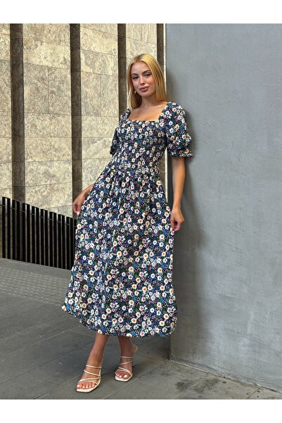 Tubik Women's Square Neck Floral Patterned Gimp Dress