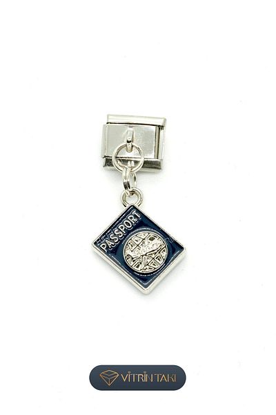 Çelik Silver Color Italian Bracelet Charm with Navy Blue Passport Figure