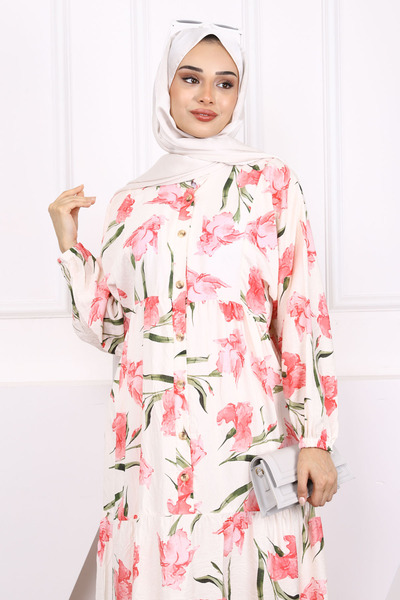 İmajButik Ροζ Φόρεμα με μισό κουμπί με μοτίβο