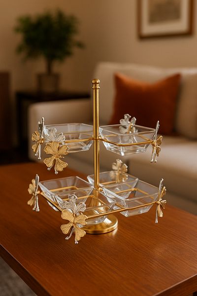 Vadi 2 Tier Metal Snack Bowl with 8 Glass Bowls Gold Color Luxury Presentation Bowl Sugar Bowl Jam Bowl Breakfast Bowl