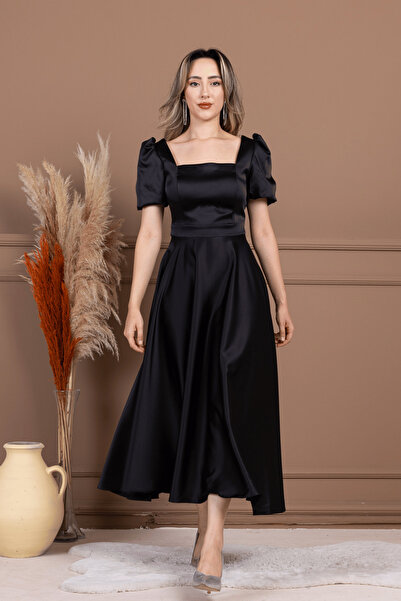 BEYBOS Σατέν φόρεμα μίντι με τετράγωνο γιακά και μανίκια μπαλόνι - ΜΑΥΡΟ