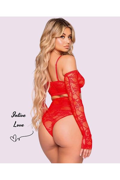 İntive Lingerie Intive Red All Lace with Gloves Fantasy Bra Thong Set