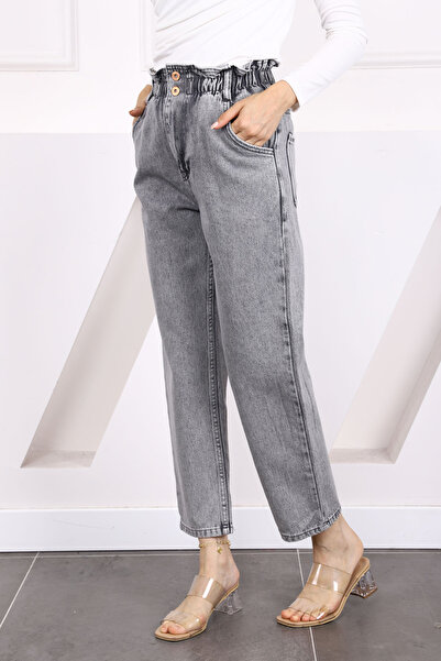 İmajButik Γκρι Μέση Ελαστικό Mom Jeans Παντελόνι