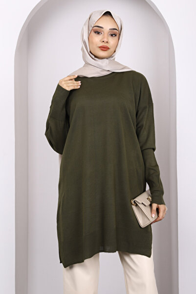İmajButik Haki Bisiklet Yaka Merserize Salaş Triko Tunik