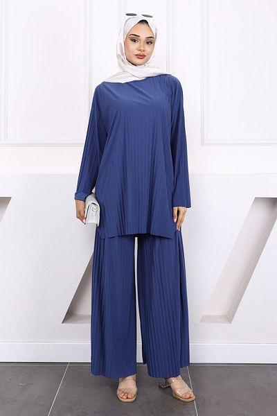 İmajButik Комплект панталони с плисирана туника в индиго пясъчен цвят