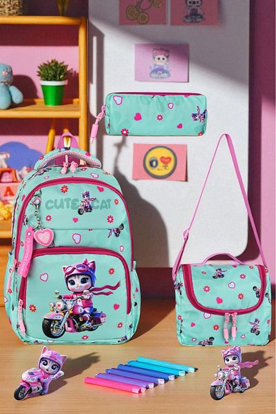 Shopiolog Girl's Primary School Orthopedic Set of 3 Pen Holder Lunch Bag with 3 Compartments Water Bottle