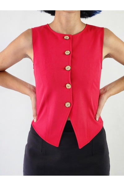 YAXİ Body-Fitting Crew Neck Unprimed Red Woven Vest