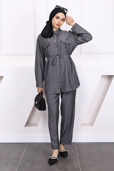 İmajButik Set pantaloni tunică cu piatră afumată