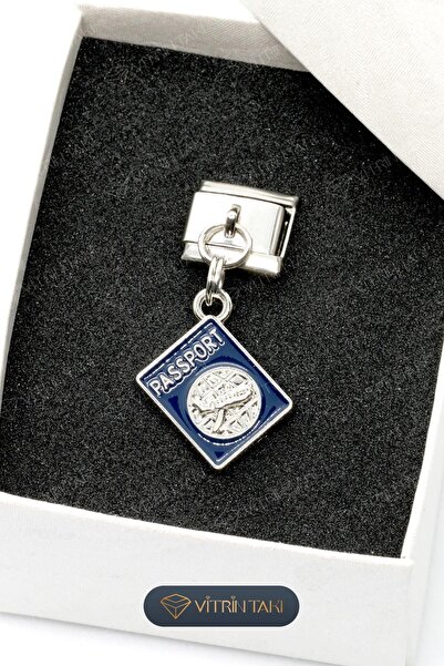 Çelik Silver Color Italian Bracelet Charm with Navy Blue Passport Figure