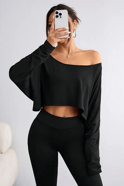 COOL TARZ Tricou negru pentru femei, cu decolteu barcă, cu mânecă lungă, crop