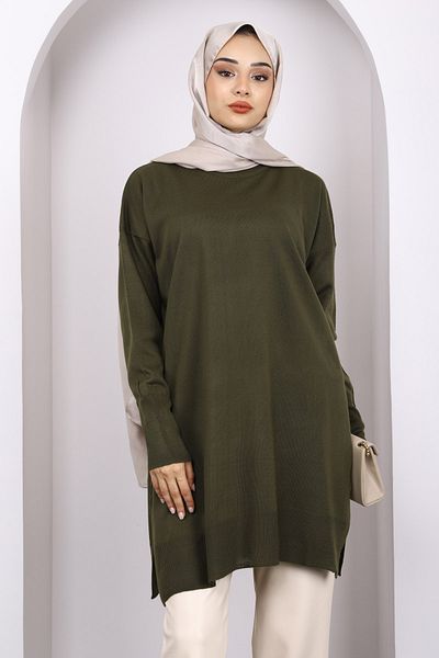 İmajButik Tunica de tricotaj casual mercerizata kaki cu decolteu