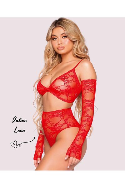 İntive Lingerie Intive Red All Lace with Gloves Fantasy Bra Thong Set
