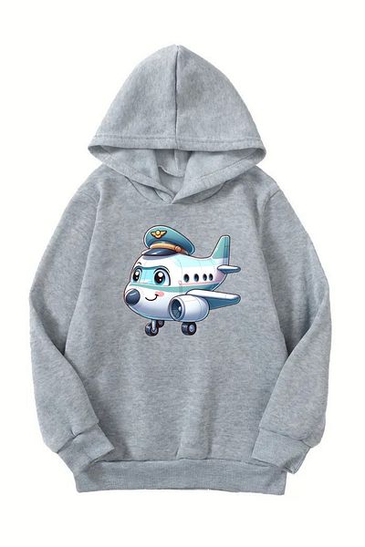 CLAYES Unisex γκρι παιδικό φούτερ με κουκούλα – Αεροπλάνο εμπριμέ, χοντρό ύφασμα