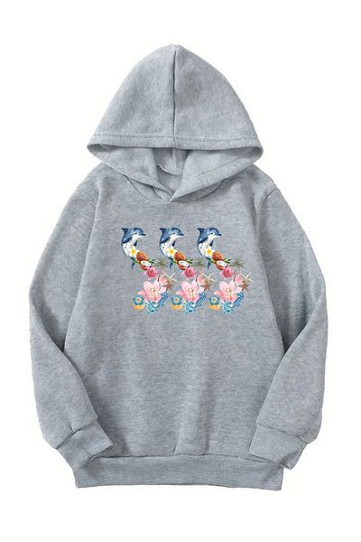 CLAYES Unisex γκρι παιδικό φούτερ με κουκούλα – Τριπλό εμπριμέ δελφίνι, χοντρό ύφασμα