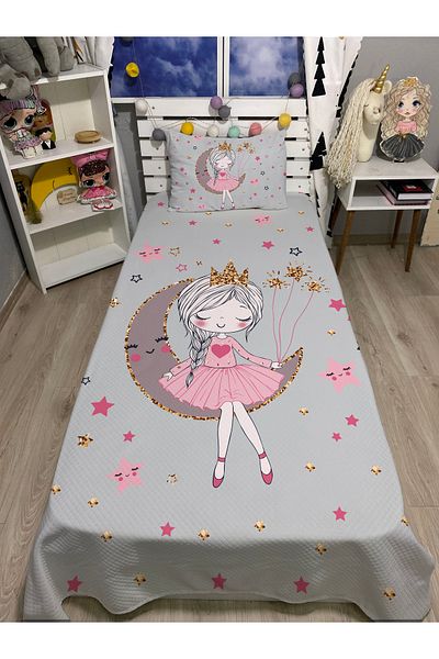 yok yok evim eve dair her şey Gray Girl Sitting on the Moon Patterned Single Pique and Pillowcase Bedspread Set