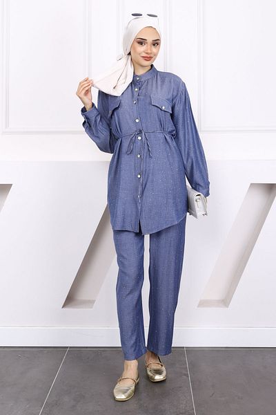 İmajButik Navy Blue Stone Tunic Trousers Set