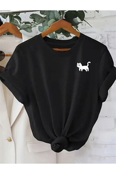 FUFLUNS تي شيرت برقبة دائرية كبيرة الحجم مطبوع عليه شكل قطة