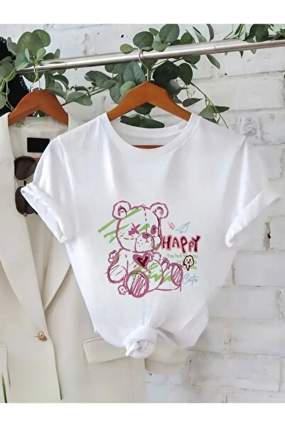 FUFLUNS تي شيرت برقبة دائرية كبيرة الحجم مطبوع عليه HAPPY AYICIK