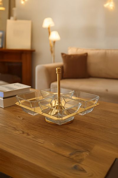 Vadi Gold Metal Body 5 Compartment Glass Bowl Presentation Bowl Snack Bowl Turkish Delight Bowl Treats Sugar Bowl Breakfast
