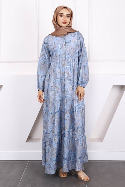 İmajButik Indigo Half Button Skirt Layered Patterned Dress
