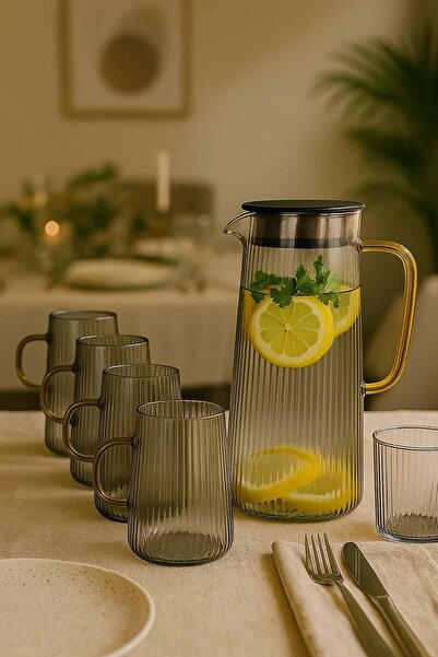 Jenisa 5 Parça Füme Cam Sürahi Bardak Seti – Süzgeçli Kapaklı Özel Tasarım