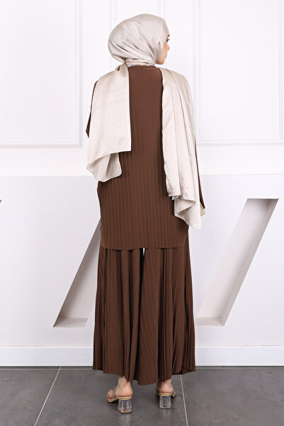 İmajButik Light Brown Pleated Sandy Tunic Trousers Set