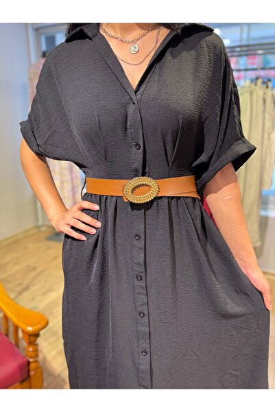 PNR WOMAN Yarım Kollu Kemerli Elbise - Siyah