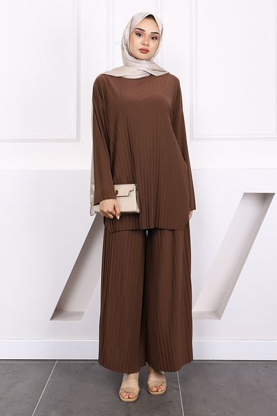 İmajButik Σετ παντελονιού ανοιχτό καφέ πλισέ Sandy Tunik