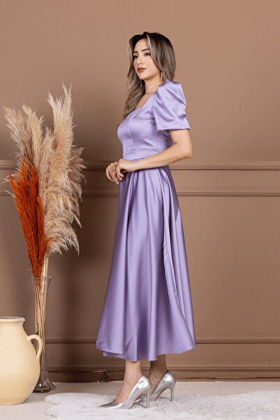 BEYBOS Saten Kumaş Kare Yaka Balon Kol Midi Elbise - LİLA