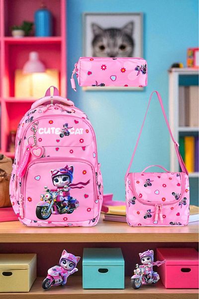 Shopiolog Girl's Primary School Orthopedic Set of 3 Pen Holder Lunch Bag with 3 Compartments Water Bottle