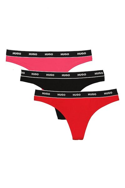 HUGO , Set de chiloti tanga cu logo - 3 perechi, Rosu, Negru, Roz, M
